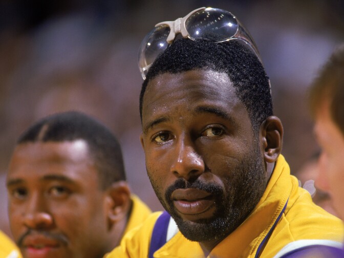 Forward James Worthy of the Los Angeles Lakers looks on during a game at the Inglewood Forum in 1987.
