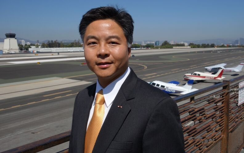 State Sen. Ted Lieu at Santa Monica Airport, Oct. 1, 2010. The Redondo Beach Democrat has held hearings on safety and environmental concerns at the airport, and favors the city keeping the most high-powered private jets away.