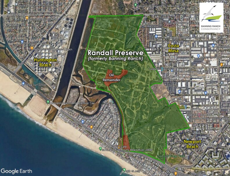 A map with an aerial view shows the boundaries of Randall Preserve, formerly Banning Ranch. The boundaries are shaded in green.