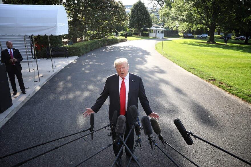 WASHINGTON, DC - MAY 30:  U.S. President Donald Trump answers questions on the comments of special counsel Robert Mueller while departing the White House May 30, 2019 in Washington, DC. Trump is scheduled to attend the commencement ceremony at the U.S. Air Force Academy in Colorado later in the day.(Photo by Win McNamee/Getty Images)