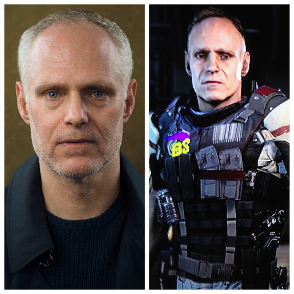 The left image is a headshot of actor Erik Passoja. The right image is of Passoja's digital likeness in a video game. He wears black and white body armor. 