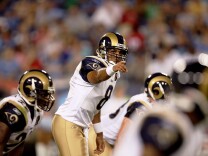 NASHVILLE, TN - AUGUST 09:  Quarterback Bruce Gradkowski #8 of the St. Louis Rams directs his team against the Tennessee Titans during a pre-season game at LP Field on August 9, 2008 in Nashville, Tennessee.  (Photo by Doug Benc/Getty Images)