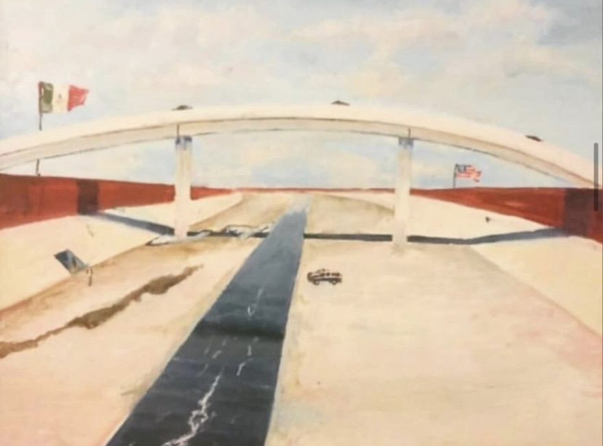 An illustration depicting a bridge over a concrete riverbed, with a Mexican flag to the left and an American flag to the right.