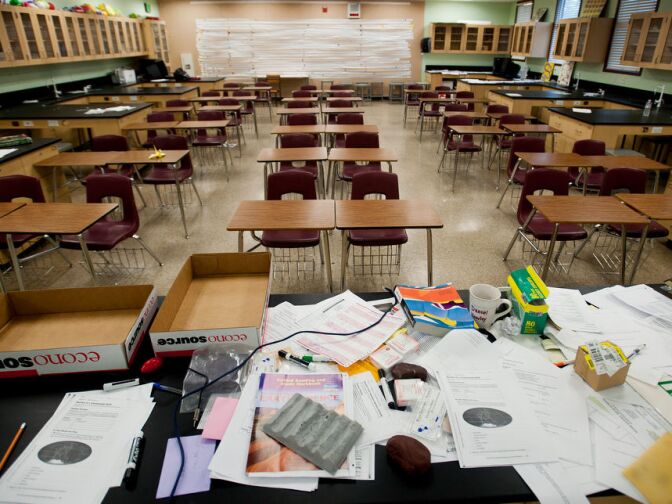 New science labs are larger than the usual classroom, featuring separate work areas, a projector, and speakers built into the ceilings.