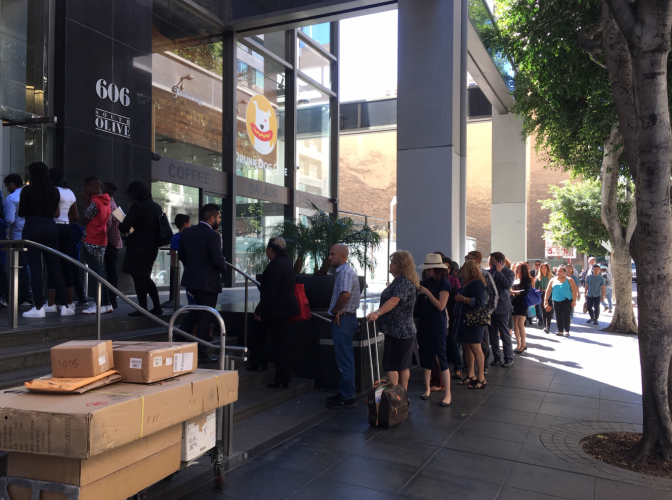 A crowd lines up to get into the immigration court on Olive Street in downtown Los Angeles in October, 2018.