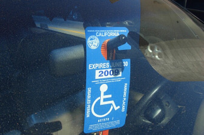This was just one of more than a dozen handicap placards John and the LA Times' Ralph Vartabedian found in a two block stretch of parking meters in Little Tokyo. No wonder: one in ten California drivers has a disabled parking permit.
