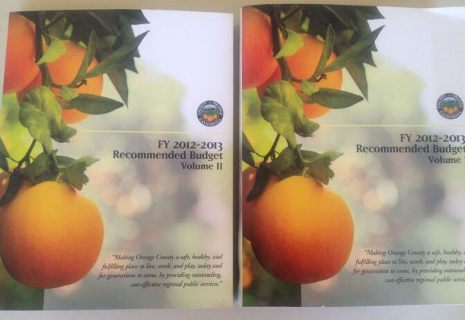 Copies of the Orange County 2012-2013 budget. In the midst of dramatic cuts across much of California, Orange County's budget director says that county is actually in a strong fiscal place.