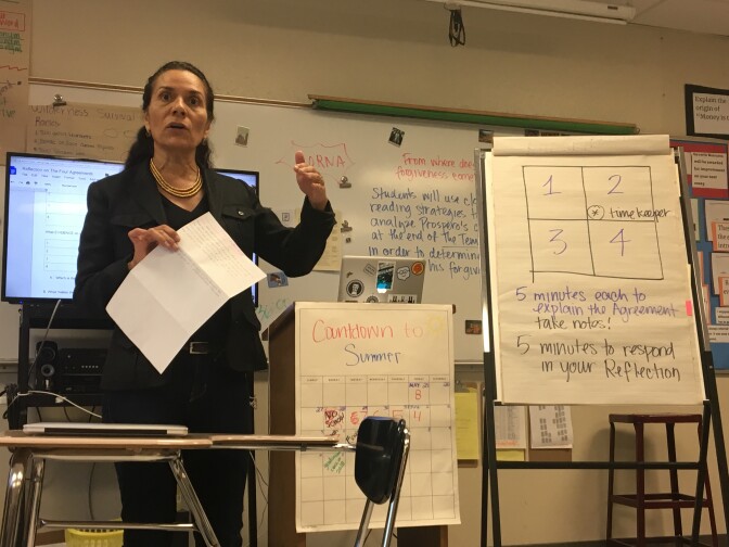 Lisa Alva, a teacher at Bravo Medical Magnet High School in the L.A. Unified School District, leads her last lessons of the school year before finals on Fri., June 1, 2017.