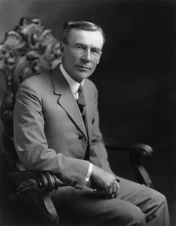 Portrait of George Edward Cryer, Mayor of Los Angeles from 1921-1929. Under Cryer, a former police officer, the present city hall and library, the Coliseum and Olympic Auditorium were erected. The population had reached one million, and passenger service and airmail routes opened between Los Angeles and New York. 