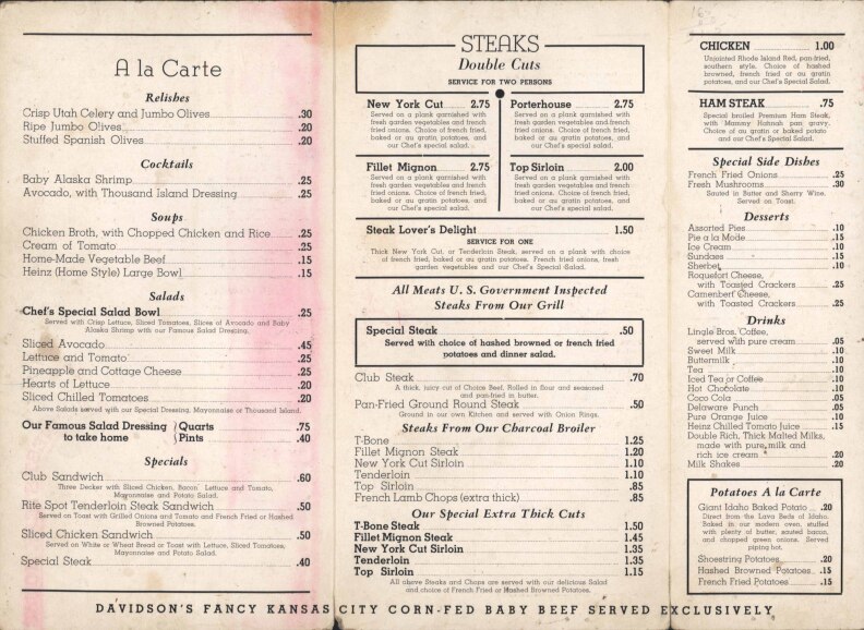 An old vintage menu, laid out flat, with items in three columns, including "A la carte Relishes, Cocktails, Soups", Steaks and many others