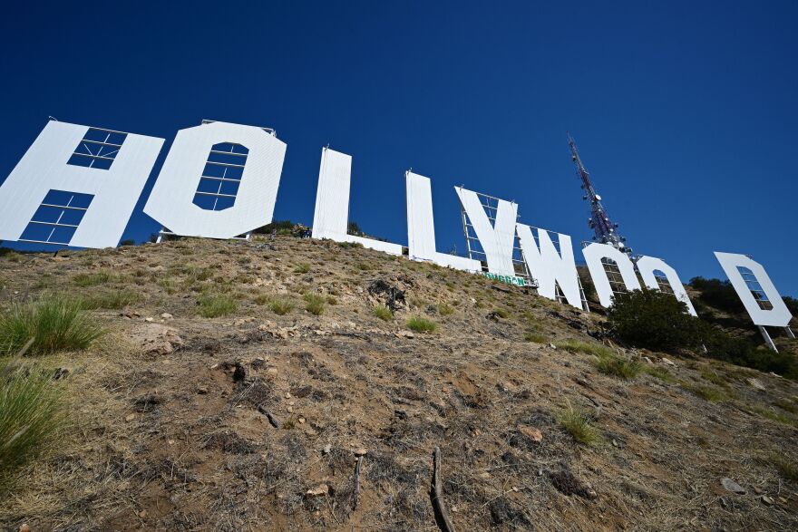 The Hollywood sign is seen as it is repainted in preparation for its 100th anniversary in 2023, in Hollywood on Sept. 28, 2022.