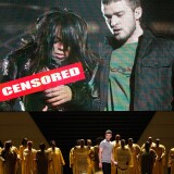 LOS ANGELES, CA - JULY 16:  Host Justin Timberlake stands onstage in front of a video of himself and Janet Jackson from Super Bowl XXXVIII onstage at the 2008 ESPY Awards held at NOKIA Theatre L.A. LIVE on July 16, 2008 in Los Angeles, California.  The 2008 ESPYs will air on Sunday, July 20 at 9PM ET on ESPN.  (Photo by Kevin Winter/Getty Images)