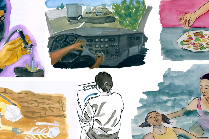 Collage of images including a woman welding a piece of jewelry, a man behind the wheel of a truck on a busy road, a female archaeologist crouching over a skeleton in the soil, a woman in a swimming pool supporting another woman floating in the water, a black and white image of a woman illustrating a blue line on a white sheet a paper, a hand sprinkling garnish on a plate of food.