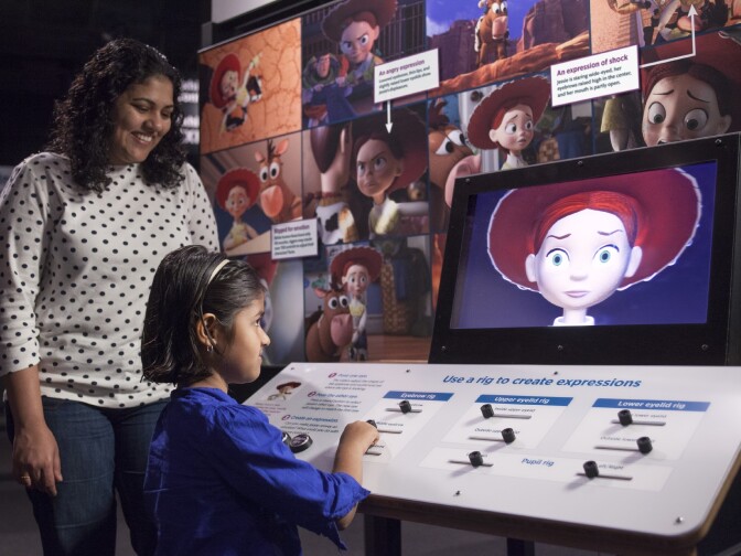Visitors use rig controls on Jessie's face (from Toy Story) to create expressions.