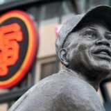 A statue of baseball legend Willie Mays in Willie Mays Plaza before Game Two of the 2010 MLB World Series in San Francisco, California.