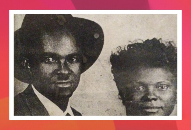 A black and white photo of William and Lottie, the author's mother's grandparents. William is seen wearing a hat. They moved to California from Texas and had kids along the way.