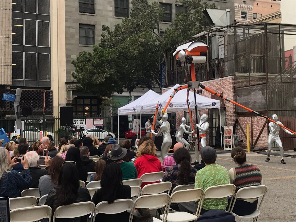 One of the aliens that invaded downtown as part of the War of the Worlds performance put on by the LA Phil and the Industry, a new opera company in collaboration with Now Art LA. The alien and set were designed by Calder Greenwood. Photo credit: Adriana Cargill