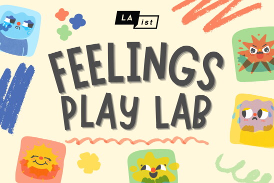 An graphic with the LAist logo reads "FEELINGS PLAY LAB" in large, dark gray playful lettering at the center against a cream background. The text is surrounded by colorful abstract paint strokes and various illustrated, expressive cartoon character icons representing different emotions, including sadness, anger, joy, and worry.