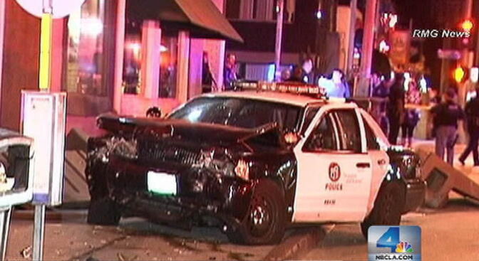A hit-and-run driver caused this patrol car to crash in Marina Del Rey on Monday, May 28, 2012.