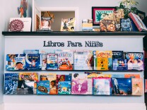 A variety of children's books are displayed on a shelf with the words Libros Para Ninas above it.