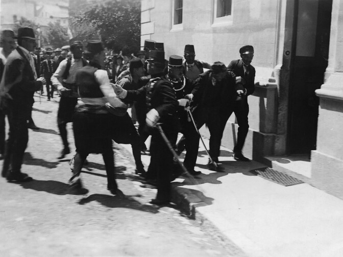 This image, captured by amateur photographer Milos Oberajge on June 28, 1914, was once believed to show Sarajevo police arresting successful assassin Gavrilo Princip. It's now thought to show the arrest of failed co-conspirator Nedeljko Cabrinovic.