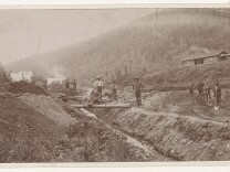Gold miners pose near their camp on a hillside in El Dorado, California circa 1848 to 1853.