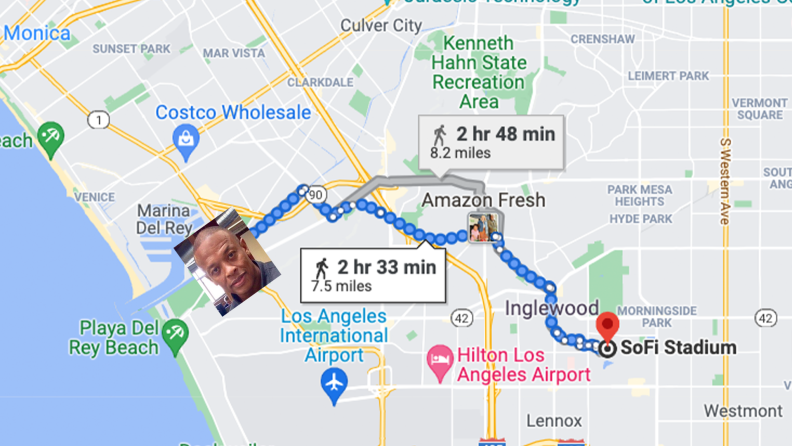 An image of Dr. Dre is placed on a map showing his potential routes to SoFi Stadium, estimating a walking time of either 2 hours 33 minutes or 2 hours 48 minutes.