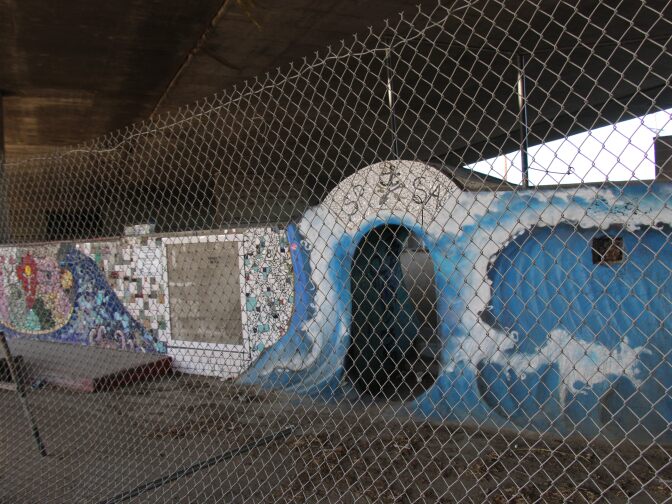 The fenced-off entrance to Channel Street Skate Park, built by the San Pedro Skatepark Association (SPxSA).