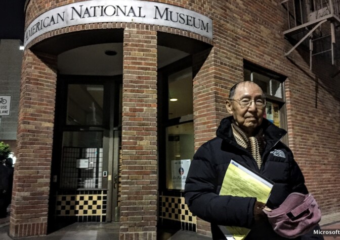 Jim Matsuoka, 80, stands in the spot where as a boy, he and his family waited to board a bus for the Manzanar internment camp near Death Valley. 