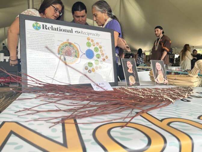 A photo on a table in the foreground reads "Relational Reciprocity" as three people with medium skin tone in the background focus on an item. 