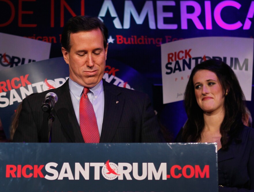 GRAND RAPIDS, MI - FEBRUARY 28:   Republican presidential candidate, former U.S. Sen. Rick Santorum as he speaks with supporters at an election night rally on February 28, 2012 in Grand Rapids, Michigan. Voters in Michigan and Arizona went to the polls today to pick their choice for the Republican presidential nominee. Romney won both contests.  (Photo by Joe Raedle/Getty Images)