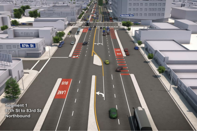 A birds-eye digital rendering of Vermont Avenue showing that the dedicated bus lanes that L.A. Metro has proposed run along the side of the street. In the rendering, there are still two lanes for traffic each direction and turning lanes in the center. 