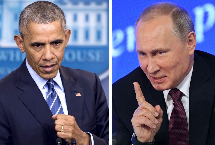 (COMBO)This combination of file photos shows US President Barack Obama speaking at the White House in Washington, DC on December 16, 2016 and Vladimir Putin speaking in Moscow on December 23, 2016.
The US on December 29, 2016, fired back at Moscow over its meddling in the presidential election, announcing a series of tough sanctions against intelligence agencies, expulsions of agents and shutting down of Russian compounds on US soil. "I have ordered a number of actions in response to the Russian government's aggressive harassment of US officials and cyber operations aimed at the US election," Obama said.
 / AFP / Saul LOEB AND Natalia KOLESNIKOVA        (Photo credit should read SAUL LOEB,NATALIA KOLESNIKOVA/AFP/Getty Images)