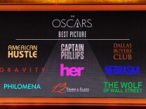 A giant screen shows the Oscar nominees for Best Picture, at the 86th Academy Awards nominations announcement, at the Academy of Motion Picture Arts and Sciences, Jan. 16, 2014 in Beverly Hills. Crime caper 'American Hustle' and 3D space spectacular 'Gravity' topped the Oscar nominations list Thursday with 10 each, followed by historical drama '12 Years a Slave' with nine. They were among nine movies nominated for best picture for the March 2 Academy Awards, along with 'Captain Phillips,' 'Dallas Buyers Club,' 'Her,' 'Nebraska,' 'Philomena,' and 'The Wolf of Wall Street.' The Oscars will take place March 2, 2014 at the Dolby Theatre in Hollywood.