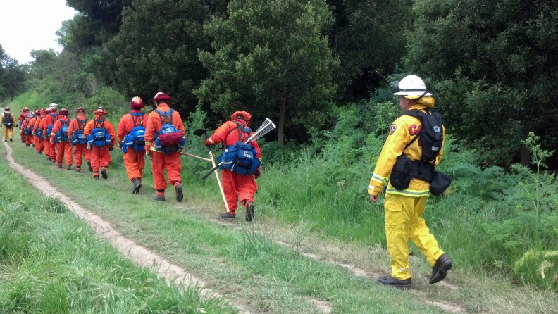 Incarcerated firefighters, wearing orange gear, hiking with tools.