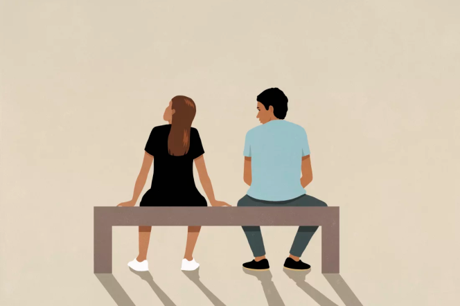 An illustration of a woman and man sitting on a bench. The man is looking at her and the woman is looking away