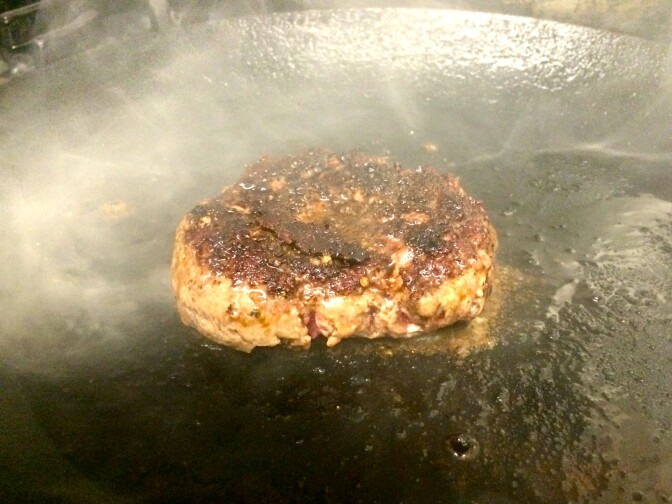 Cooked on a high heat to sear in the juices, the burger is finished in the oven to a medium-rare.