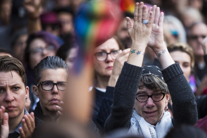 Thousands attend a vigil on Monday, June 13, 2016 at Los Angeles City Hall memorializing those who died in Sunday's attack in Orlando.