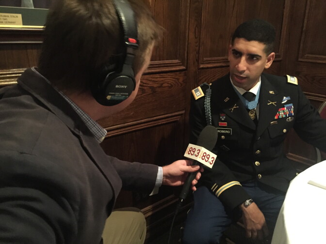 KPCC reporter John Ismay interviews Medal of Honor recipient Captain Florent Groberg.