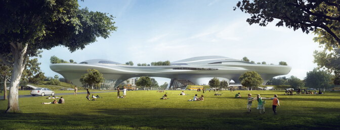 Concept design rendering of the Lucas Museum of Narrative Art in Los Angeles.