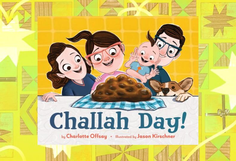 A photograph of a book cover featuring a family and their dog gathered around a freshly baked loaf of challah bread. The image is set against a decorative lime green background accented with stars, gift boxes and strands of ribbon.