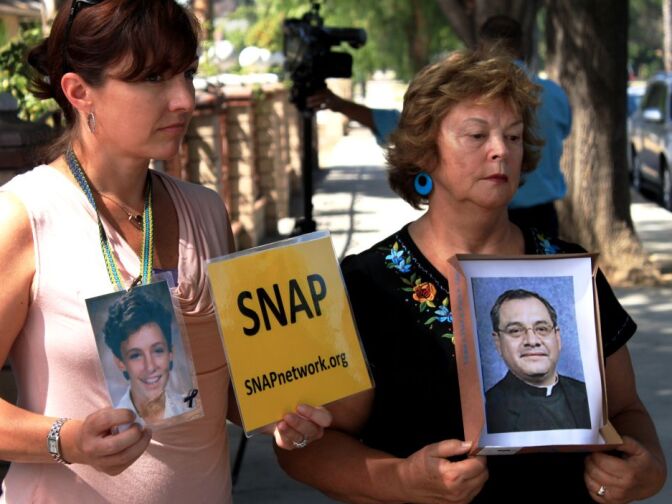  Joelle Casteix (L) and Sherida Ruiz from  the Survivors Network of those Abused by Priests, or SNAP, at news conference announcing lawsuits against Fr. Alex Castillo & the Roman Catholic Diocese of San Bernardino.