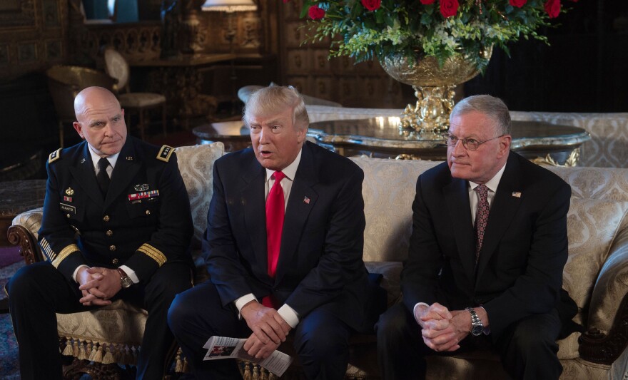 US President Donald Trump (C) announces US Army Lieutenant General H.R. McMaster (L) as his national security adviser and Keith Kellogg (R) as McMaster's chief of staff  at his Mar-a-Lago resort in Palm Beach, Florida, on February 20, 2017. / AFP / NICHOLAS KAMM        (Photo credit should read NICHOLAS KAMM/AFP/Getty Images)