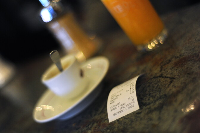A till receipt is displayed on a bar on January 12, 2012 in Rome. Italian Prime Minister Mario Monti's government is stepping up the fight against tax fraud as part as its austerity budget.  AFP PHOTO / GABRIEL BOUYS (Photo credit should read GABRIEL BOUYS/AFP/Getty Images)