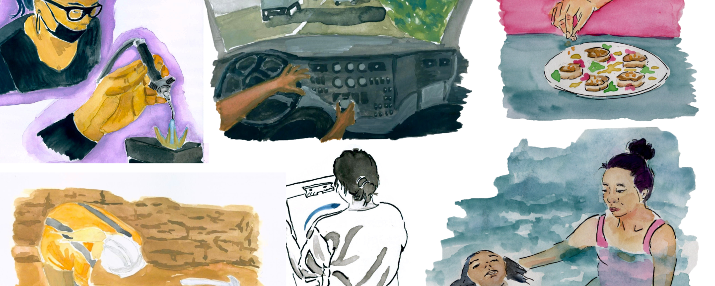 Collage of images including a woman welding a piece of jewelry, a man behind the wheel of a truck on a busy road, a female archaeologist crouching over a skeleton in the soil, a woman in a swimming pool supporting another woman floating in the water, a black and white image of a woman illustrating a blue line on a white sheet a paper, a hand sprinkling garnish on a plate of food.