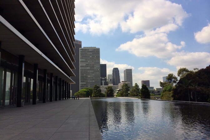 The Reflecting Pool surrounds Los Angeles Department of Water and Power's headquarters in Downtown Los Angeles