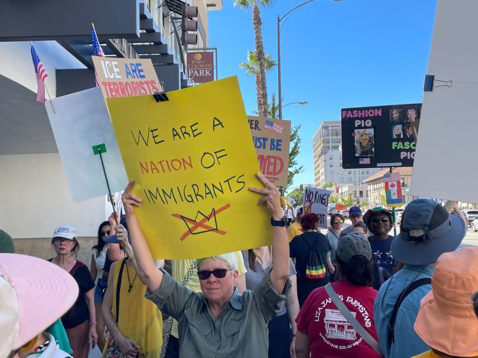 Protesters hold anti-Trump signs. 
