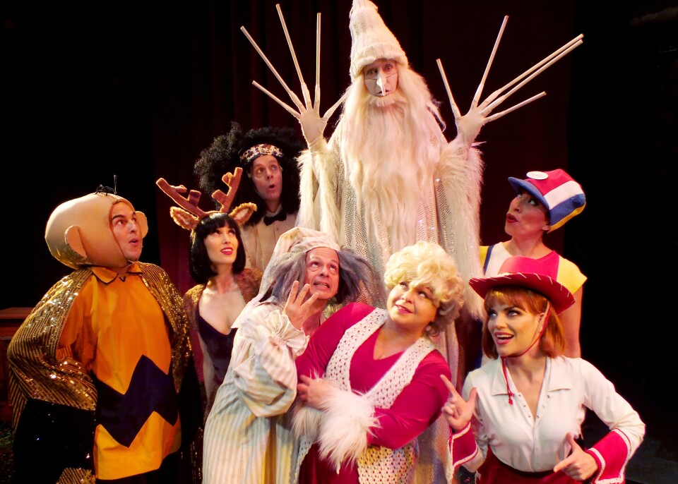 The cast of Troubadour Theater Company’s "Walkin’ in a Winter One-Hit-Wonderland" at the Falcon Theatre.