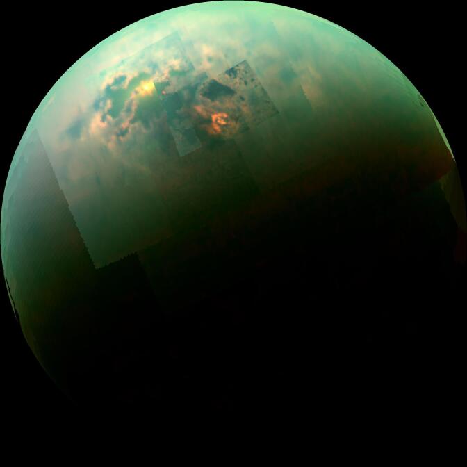 This near-infrared, color mosaic from NASA's Cassini spacecraft shows the sun glinting off of Titan's north polar seas. The glint, also called a specular reflection, is the bright area near the 11 o'clock position at upper left. This mirror-like reflection, known as the specular point, is in the south of Titan's largest sea, Kraken Mare, just north of an island archipelago separating two parts of the sea. The view was acquired during Cassini's August 21, 2014 flyby of Titan, also referred to as "T104" by the Cassini team.