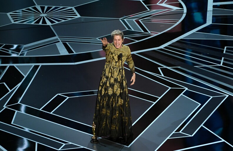Actor Frances McDormand accepts Best Actress for 'Three Billboards Outside Ebbing, Missouri' onstage during the 90th Annual Academy Awards.
